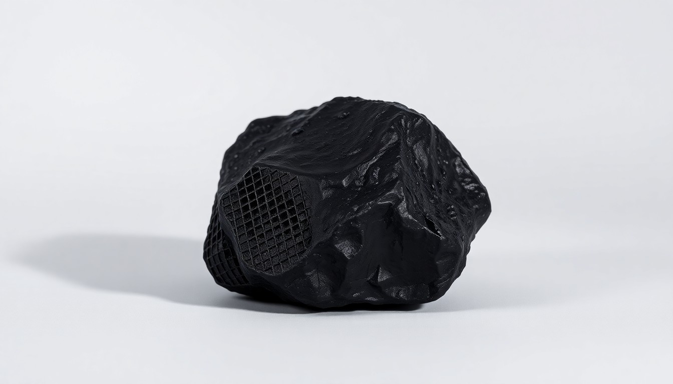A highly detailed, photorealistic studio photograph of a single polished black lump of coal resting on a clean, monochromatic background, dramatically lit from the side to cast deep shadows and symbolize the complex energy transition challenges facing the utility.