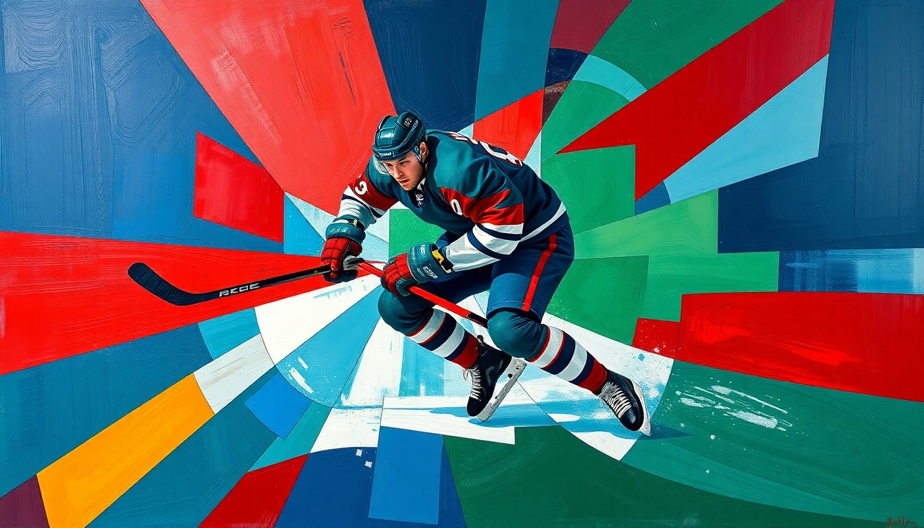 A fragmented, geometric painting in bold colors depicts a hockey player in motion, their form broken down into sharp, overlapping planes, conveying the intensity and perseverance of the sport.