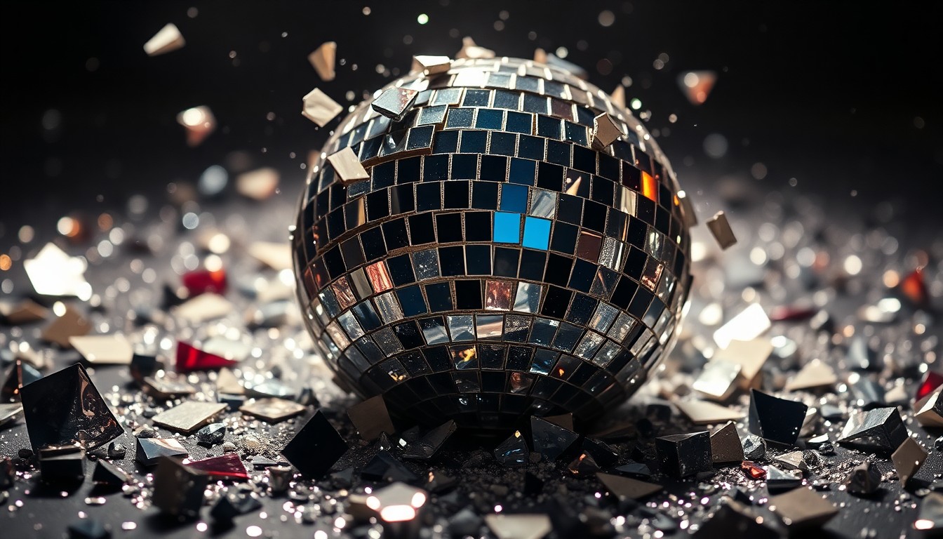 An abstract close-up image of shattered glass shards reflecting bright, colorful light, conveying a sense of glamour and high drama.