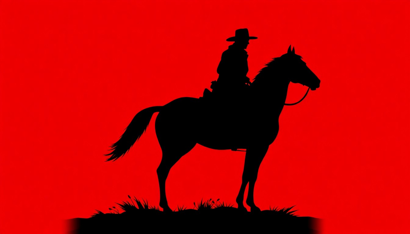 A striking black and white silhouette of a cowboy on horseback, set against a bold red background, conceptually representing the outlaw spirit and rugged individualism of the American West.
