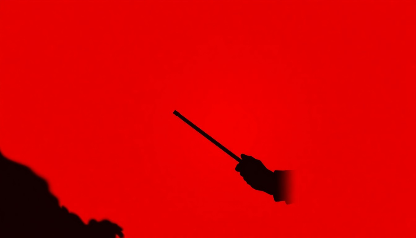 An abstract black silhouette of a conductor's baton set against a bright red background, conveying the energy and passion of a community music performance.