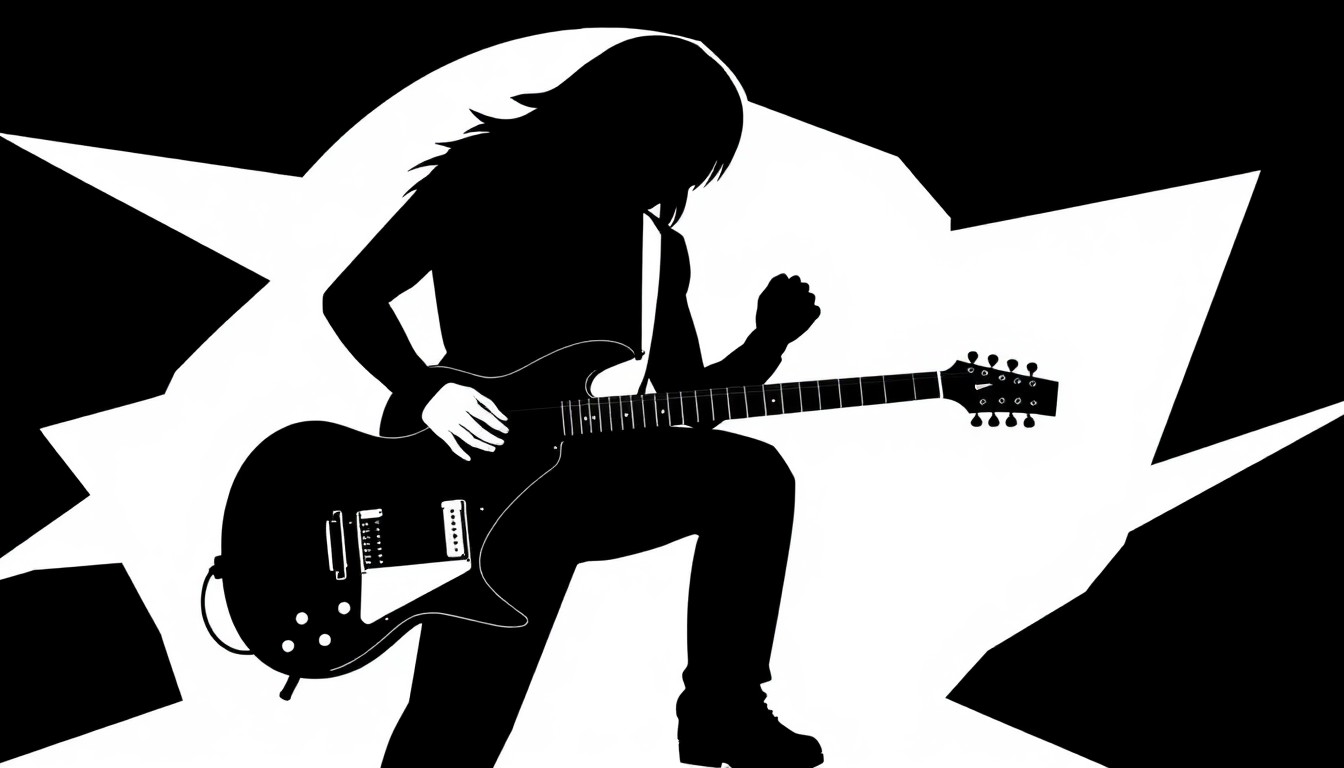 An abstract, minimalist illustration featuring a stark black silhouette of a guitar player, representing the late musician Randy Rhoads and the grassroots effort to memorialize him in a California park.