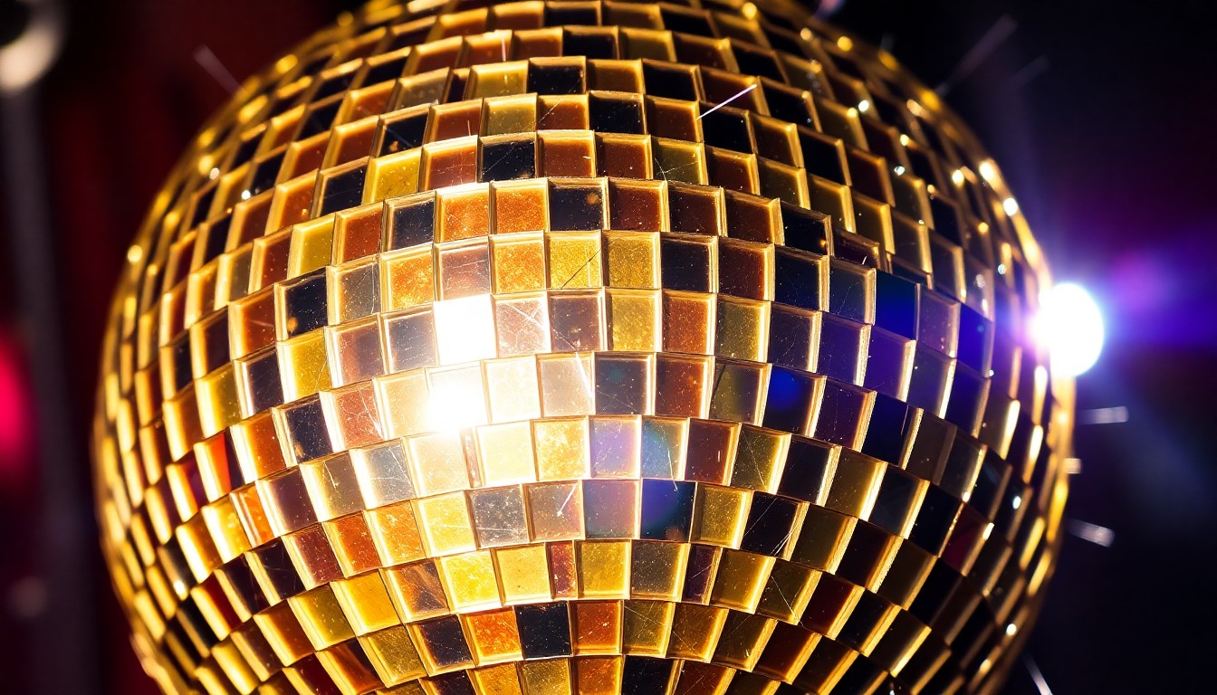 An extreme close-up photograph of a cracked, glittering disco ball reflecting shards of light, conceptually representing the glamour and energy of heavy metal music.