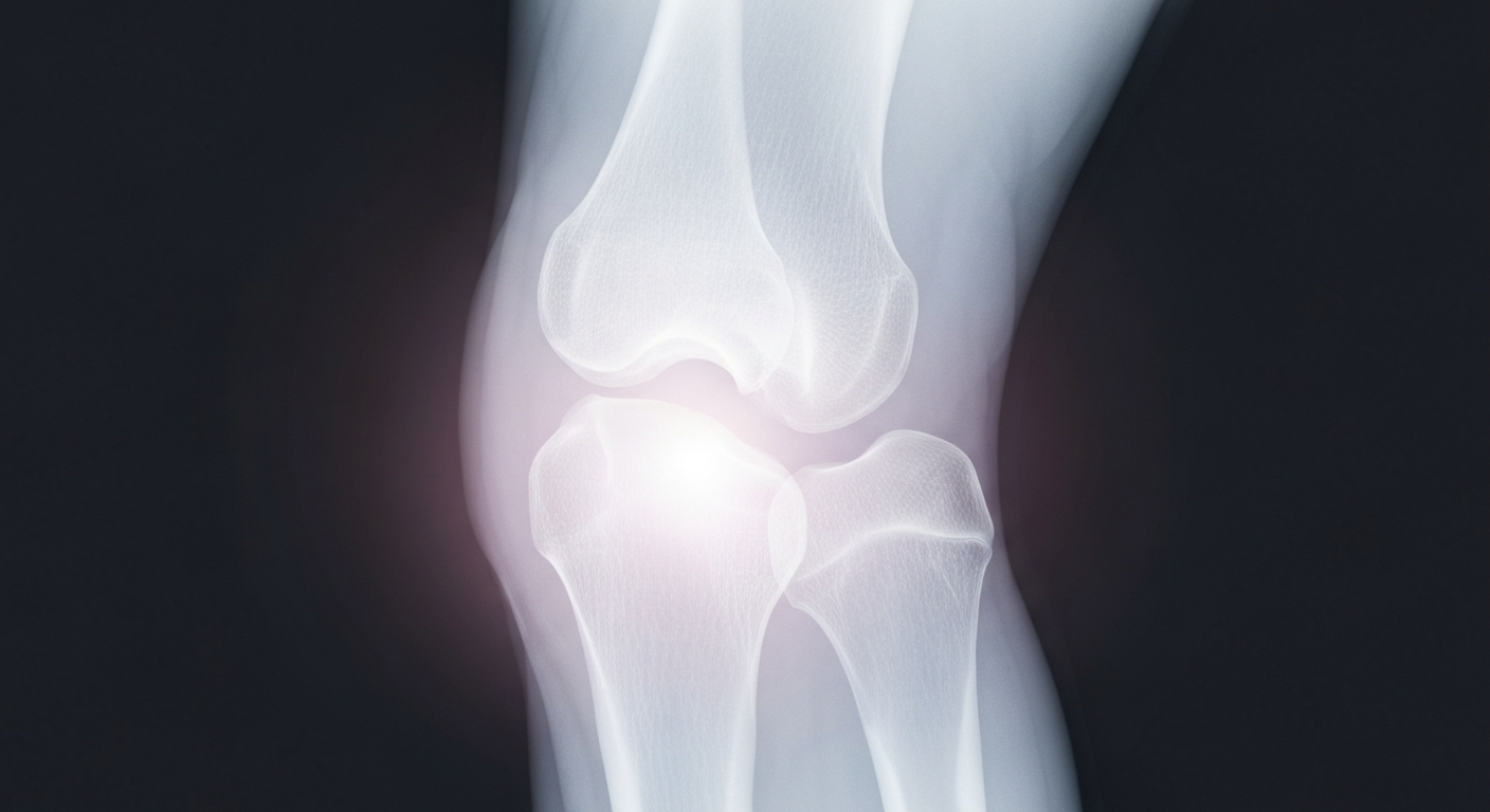 A highly detailed, translucent X-ray image of a human knee joint, revealing the complex bone, ligament, and cartilage structures in a ghostly, glowing manner against a dark background, conceptually representing the specialized medical care offered at the new Oshkosh orthopedic clinic.