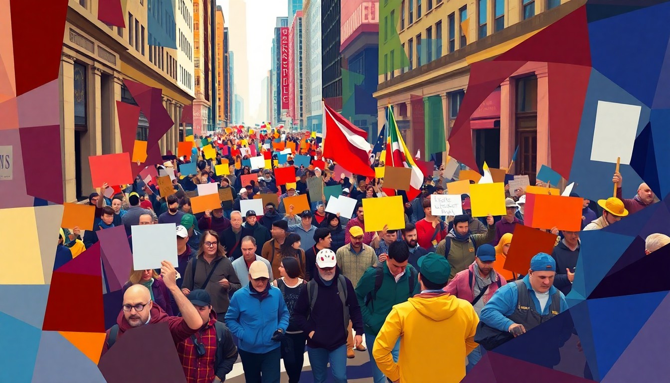 A dynamic, abstract painting of a crowd of protesters moving through a city street, with overlapping geometric shapes and vibrant colors conveying the energy and momentum of the demonstration.