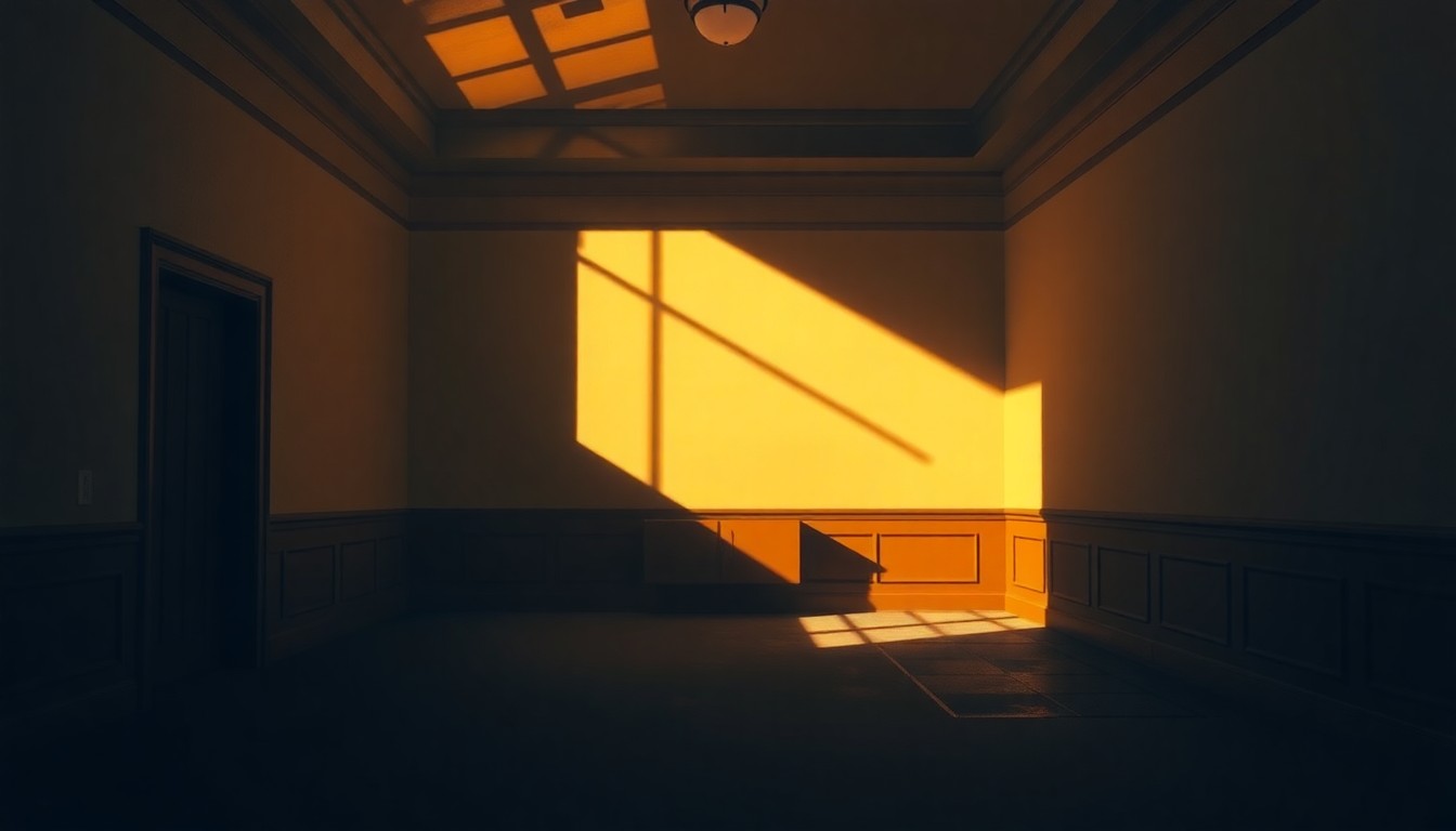 A dimly lit, cinematic painting of an empty government office or courthouse interior, with warm sunlight streaming in through a window and casting deep shadows across the room, conveying a sense of quiet contemplation and transition.