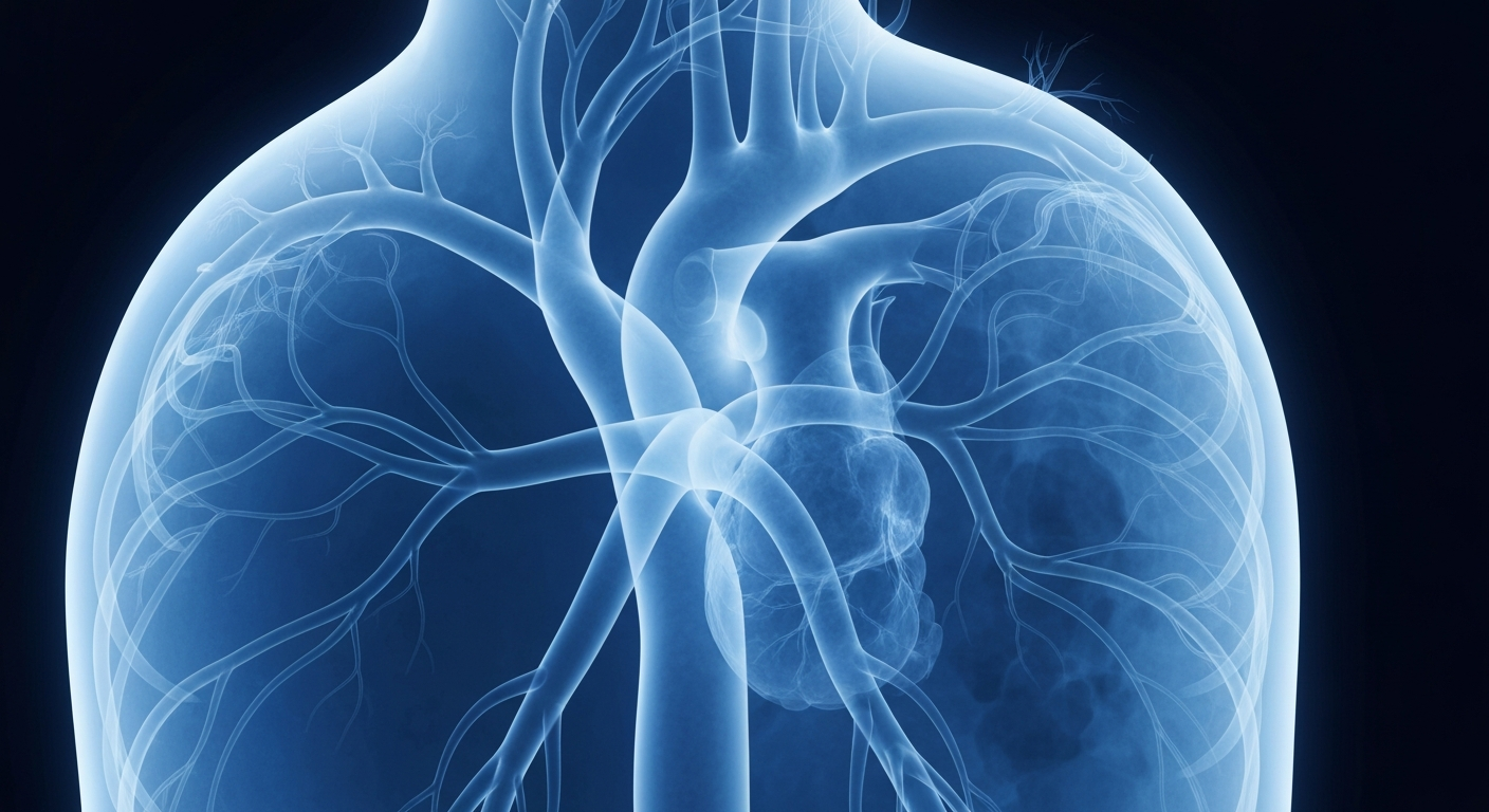 A highly detailed, translucent X-ray photograph showing the intricate structure of the human heart and blood vessels, conveying the complexity of the circulatory system and the importance of blood transfusion in trauma medicine.