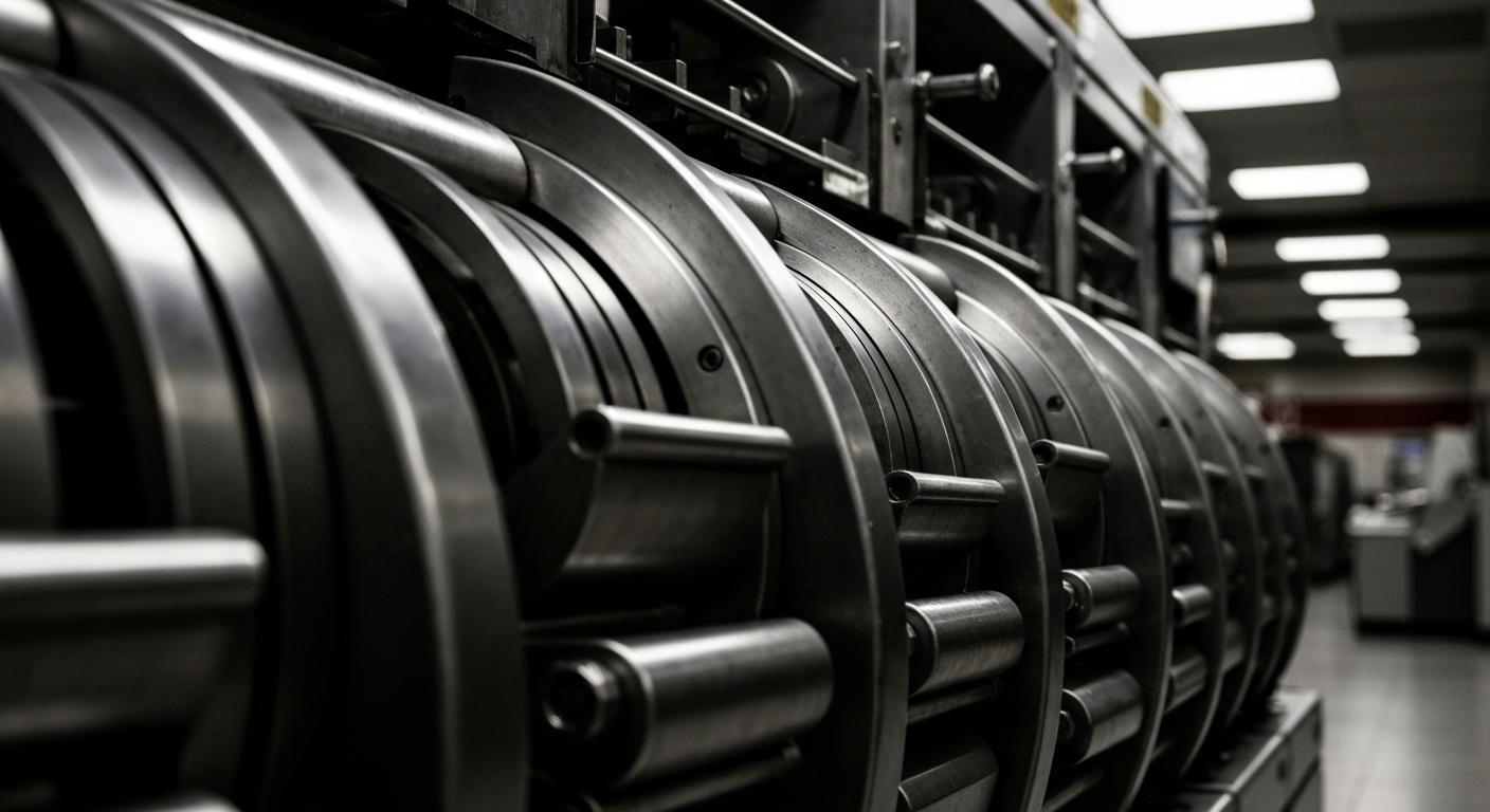 An extreme close-up of gears, levers, and other heavy industrial banking equipment, conveying the complex machinery that underpins the regional bank's operations.