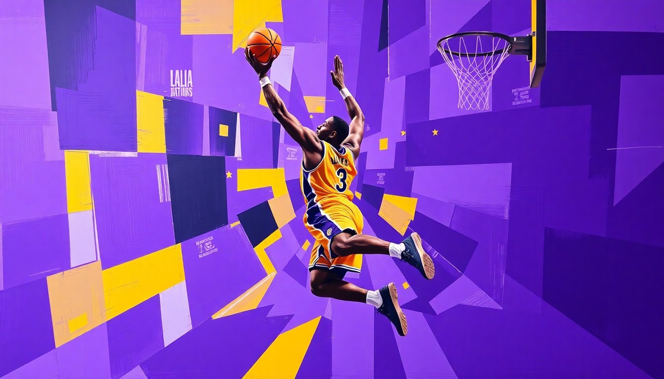 A cubist-style painting depicting a basketball player driving to the hoop, broken down into sharp, overlapping geometric shapes in Lakers colors, conveying the fragmented and uncertain nature of Luka Dončić's injury.