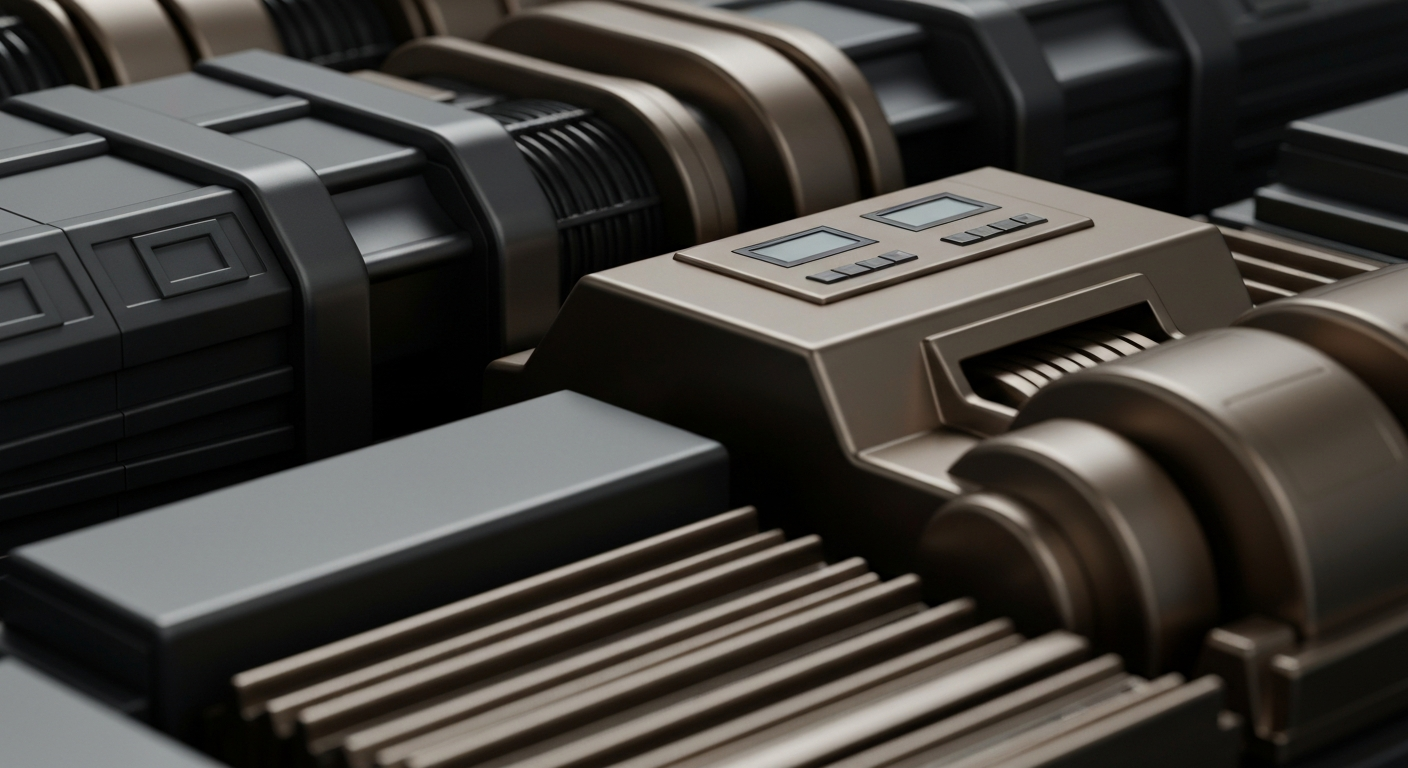 An extreme close-up of industrial gears, valves, and other heavy machinery in shades of grey, bronze, and black, conceptually representing the complex financial infrastructure supporting renewable energy investments.