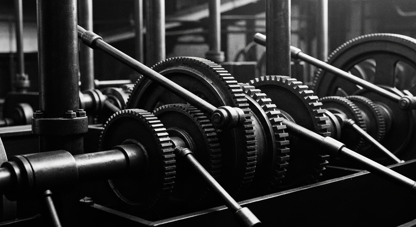 A high-contrast, black-and-white close-up photograph of the gears, levers, and mechanisms that power a major financial institution, conveying a sense of the solidity and scale of the banking system without using literal depictions of currency or charts.