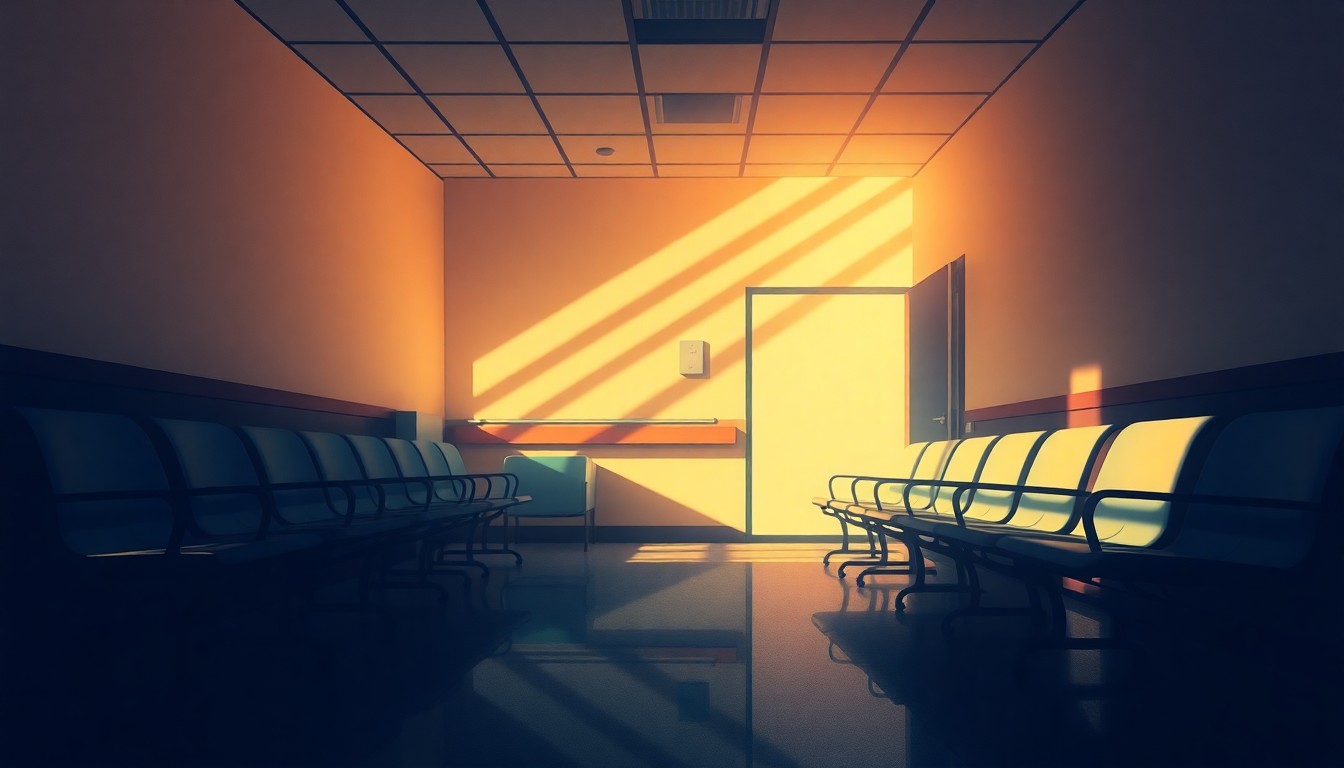 A dimly lit, cinematic painting of an empty hospital waiting room with rows of chairs and a reception desk, the space bathed in warm, diagonal sunlight that casts deep shadows, creating a mood of uncertainty and anticipation around the future of American health care policy.