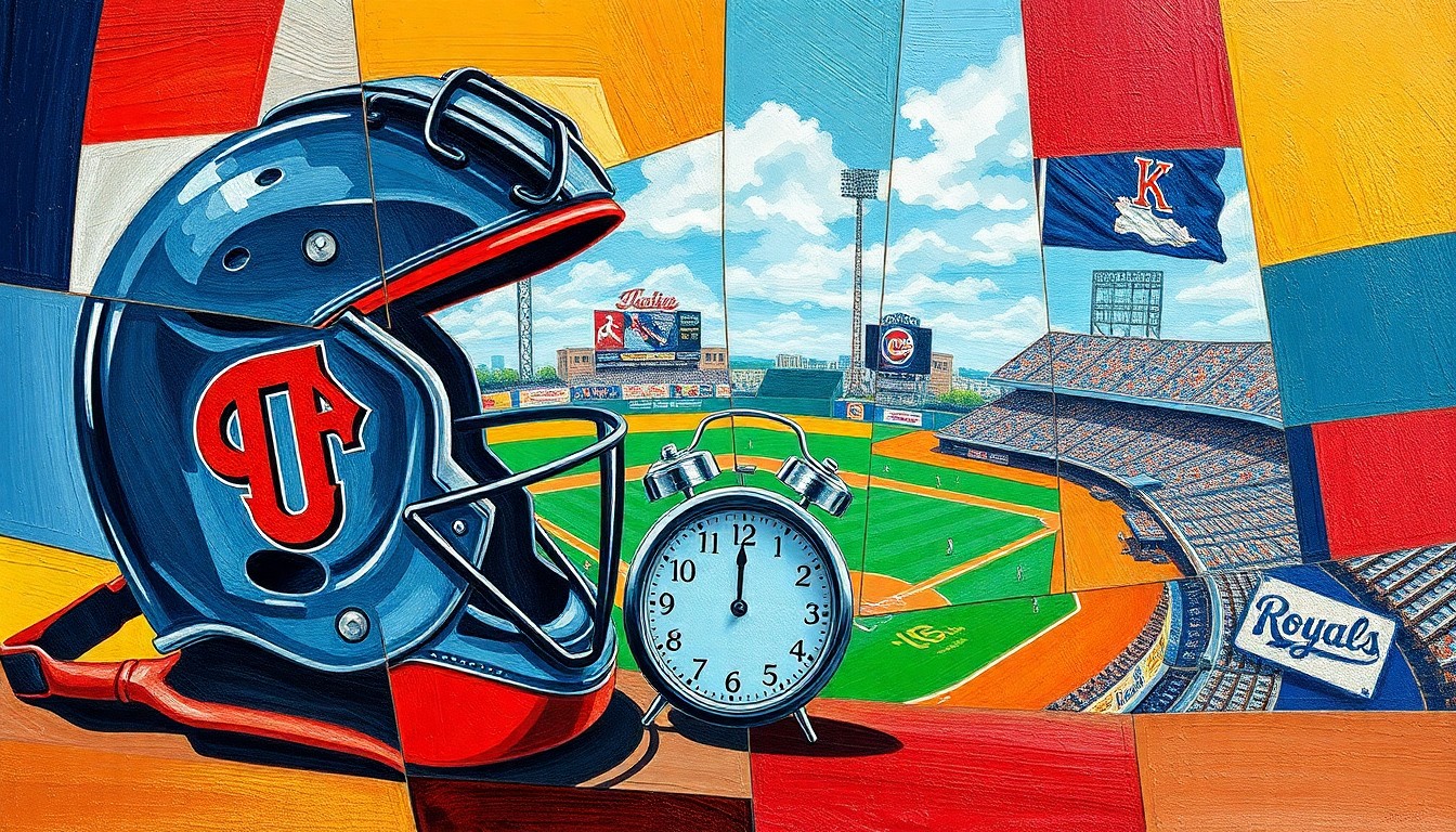 A cubist, geometric painting depicting fragmented elements of a baseball game, including a catcher's mask, an alarm clock, and a baseball diamond, conceptually representing the pressure on young players to be prepared.