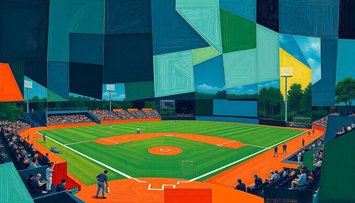 A fragmented, cubist-style painting depicting a high school baseball game, with the players and field broken down into sharp, overlapping geometric shapes in a palette of navy, green, and orange, conveying the conceptual idea of a coaching transition bringing new energy to the program.