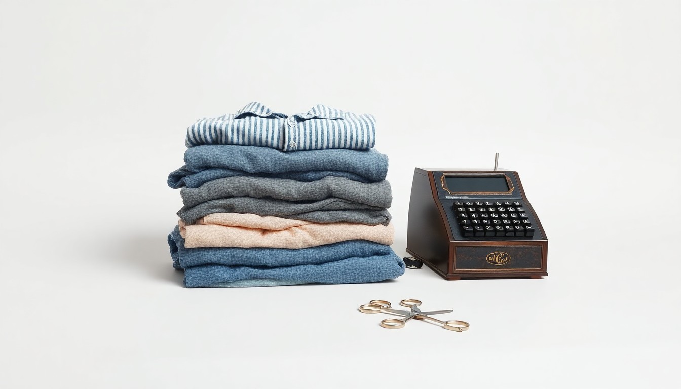 A high-end, photorealistic studio still-life photograph featuring a stack of neatly folded secondhand clothing, a vintage cash register, and a pair of scissors, all arranged elegantly on a clean, monochromatic seamless background, conceptually representing the abstract concepts of thrift, sustainability, and community-driven retail.
