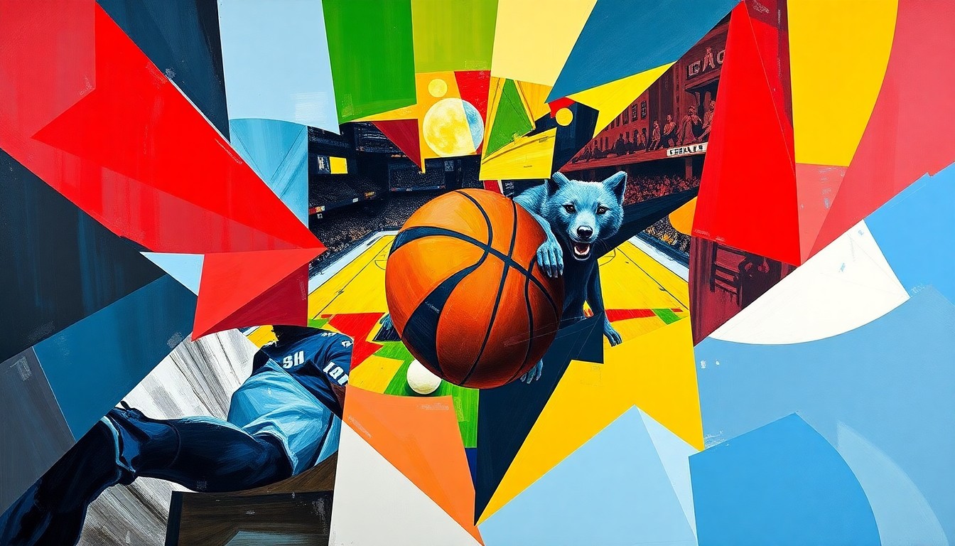 A cubist, geometric painting depicting a basketball game in motion, with sharp, overlapping shapes in the official team colors of the Toronto Raptors and Memphis Grizzlies, conveying the competitive energy of the playoff race.