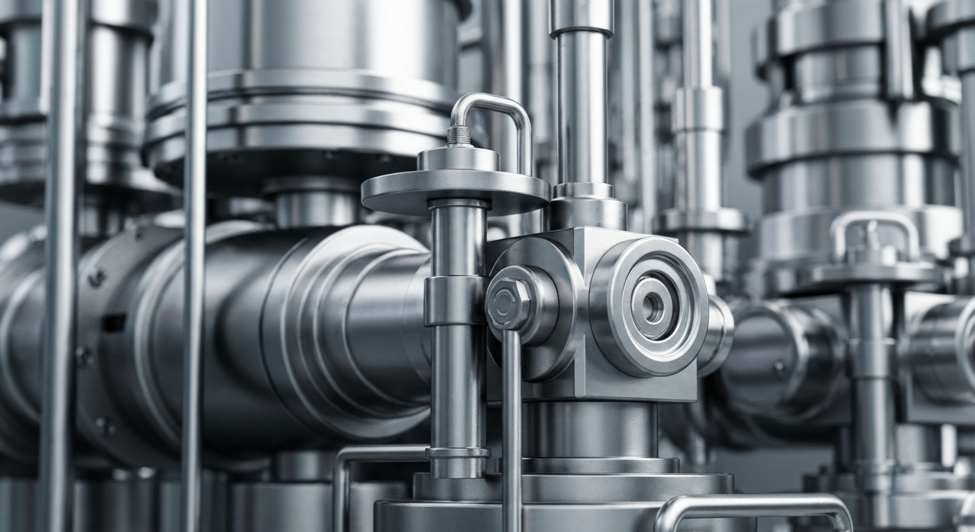 An extreme close-up of complex, metallic pharmaceutical manufacturing equipment, conveying a sense of industrial power and scientific precision through its heavy, imposing design.