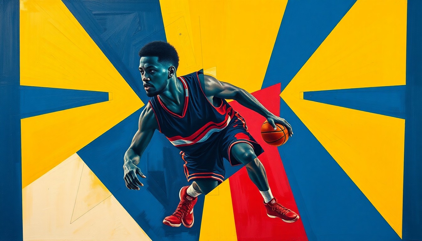 A cubist, geometric painting depicting the dynamic movements and skills of a basketball player in overlapping planes of navy, yellow, and red.