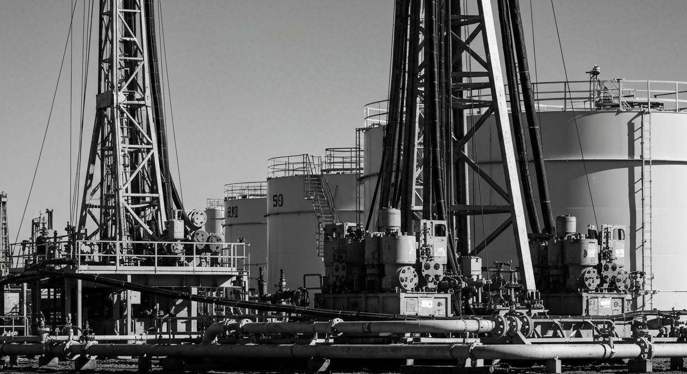 A high-contrast, black and white close-up photograph of the heavy machinery and equipment used in oil and gas production, conveying the industrial scale and infrastructure behind Antero Resources' business.