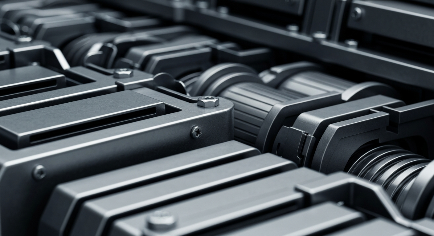 A cinematic close-up photograph of heavy, industrial banking equipment and machinery in shades of steel gray, gunmetal, and chrome, representing the intricate financial infrastructure that powers the economy.