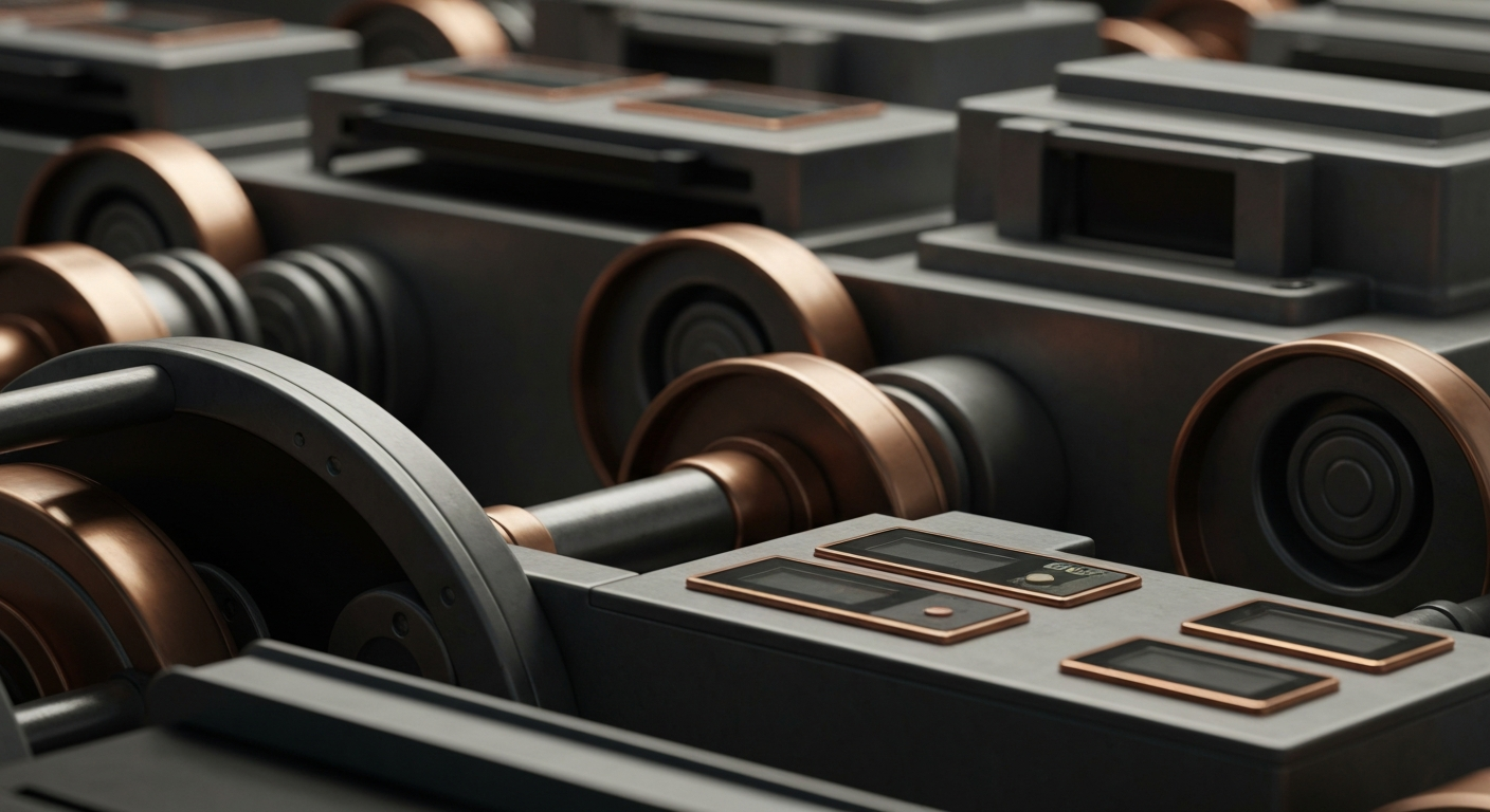 A highly detailed, macro-level view of industrial banking equipment and machinery in muted metallic tones, conveying the idea of a large corporation's financial infrastructure and institutional power without using any text or identifiable objects.