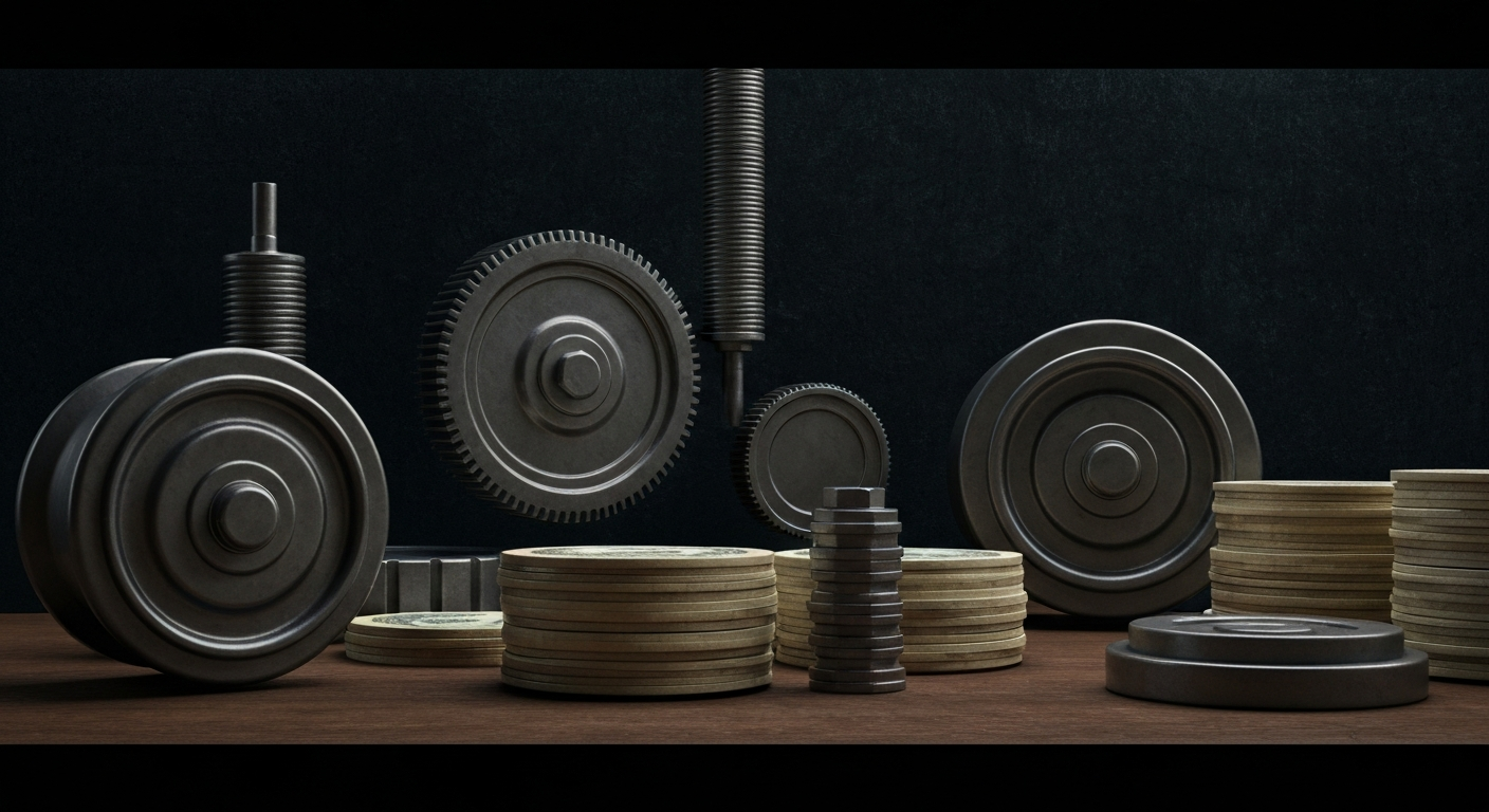 An extreme, cinematic close-up of intricate, metallic banking machinery and mechanisms, conveying a sense of financial security and institutional power without depicting any literal currency or financial symbols.