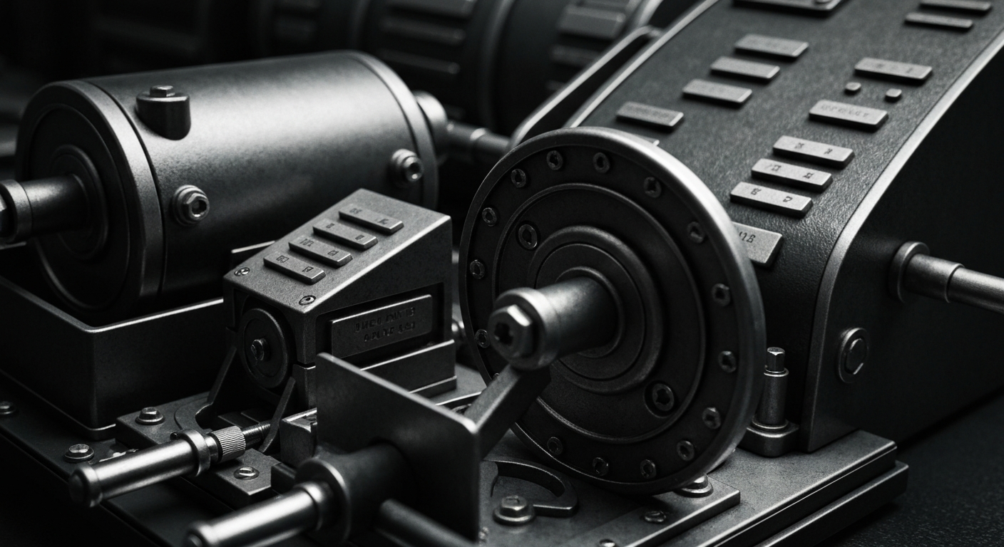 An extreme close-up of gears, levers, and other heavy industrial banking equipment, rendered in a high-contrast, cinematic style that conceptually represents the security and infrastructure of the financial system.