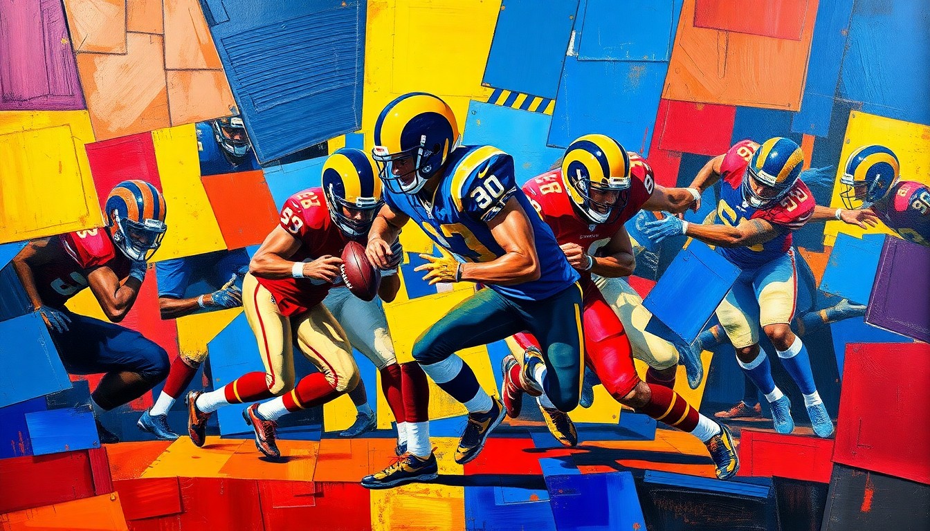 A cubist, geometric painting depicting a Rams running play, with overlapping planes of color and abstracted shapes representing the players and action on the field.