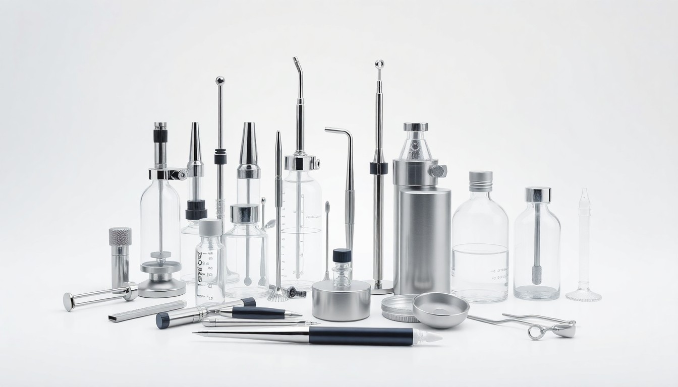 A minimalist studio still life featuring a collection of sleek, polished medical instruments and laboratory equipment arranged on a clean, monochromatic background, symbolizing the advanced technology and precision required for targeted oncology biologics.
