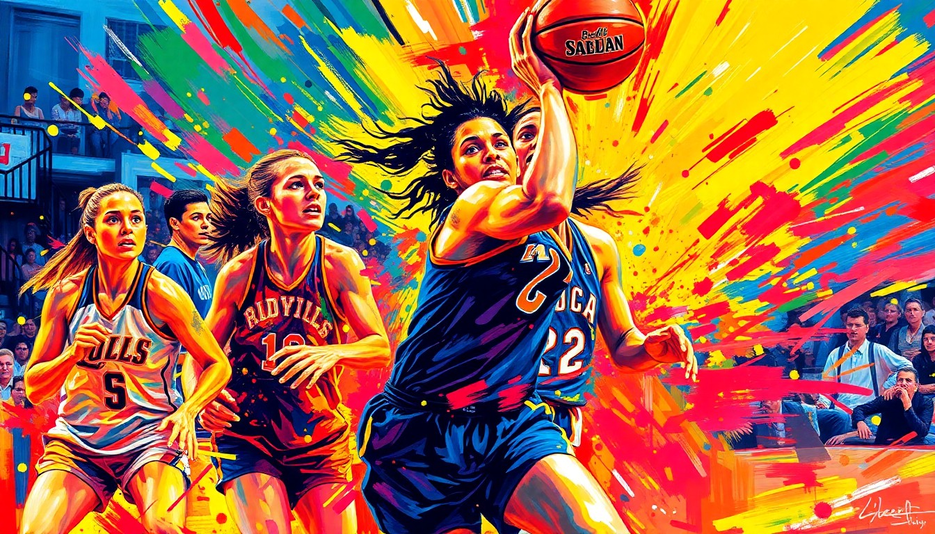 An abstract, neon-hued expressionist painting depicting the dynamic motion and energy of a women's basketball game, with players' forms dissolving into vibrant, gestural brushstrokes.