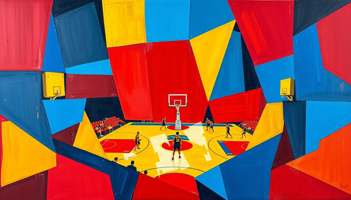 A cubist, geometric painting depicting the dynamic motion and energy of a college basketball game, with sharp planes of crimson, blue, and yellow hues overlapping to create a sense of movement and intensity.