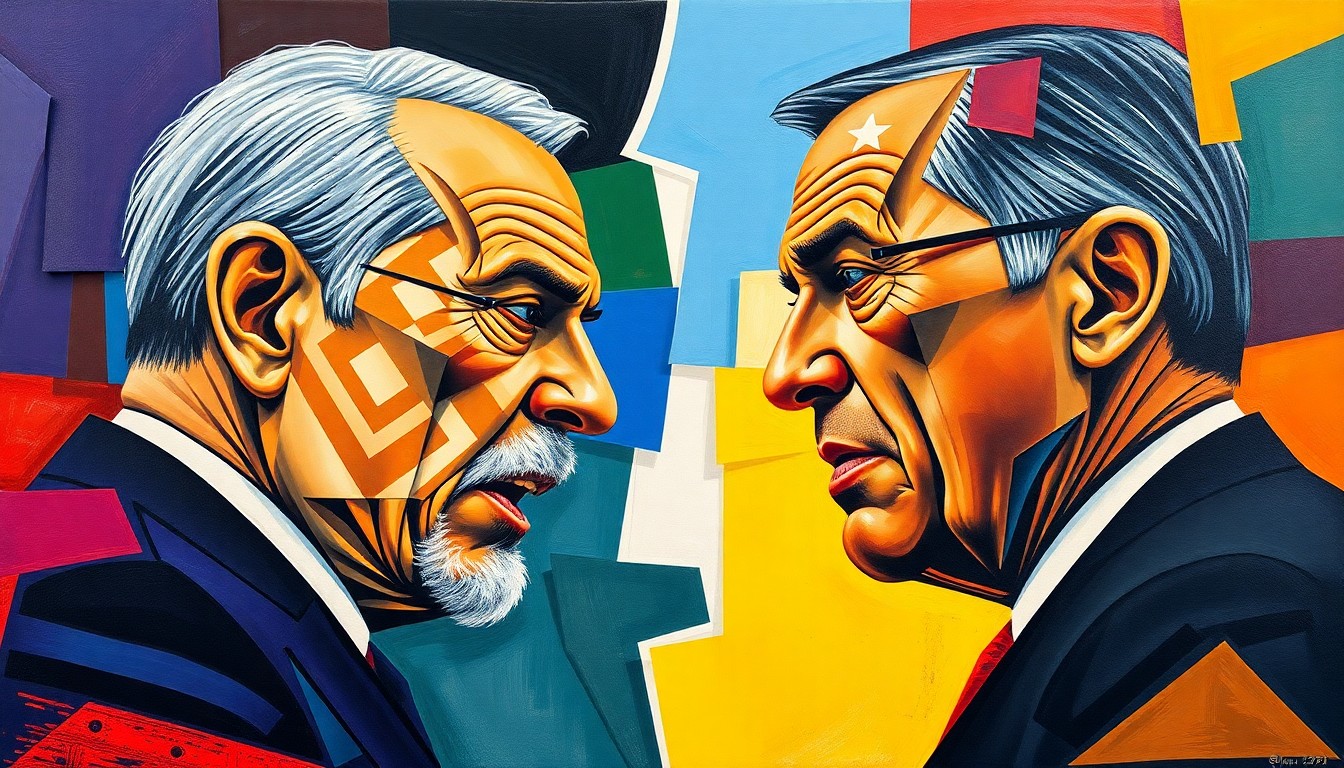 A fragmented, cubist-style painting depicting an intense argument between two figures, with their forms broken down into sharp, overlapping geometric shapes and planes of color, conveying a sense of conflict and discord.