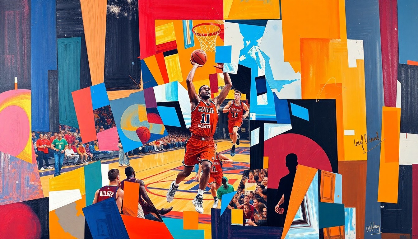 A cubist, geometric painting depicting the Ivišić twins in motion on a basketball court, with their figures fragmented into overlapping planes of bright orange, blue, and green.
