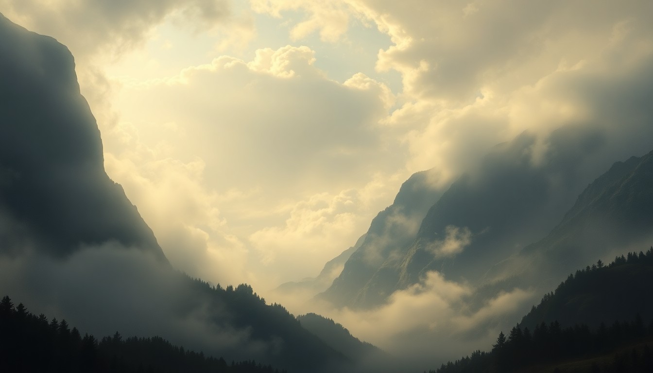 A vast, atmospheric landscape painting in muted tones of grey and blue, with a heavy fog or mist obscuring the horizon and dwarfing any physical structures or objects within the frame, conveying a sense of the sublime power of nature.