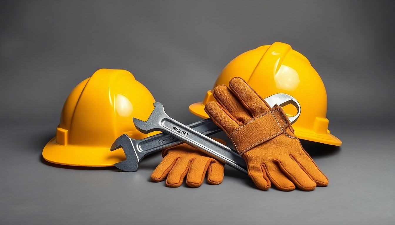 A high-end, photorealistic studio still-life photograph featuring a polished metal wrench, a hardhat, and a pair of work gloves arranged elegantly on a clean, monochromatic grey background, conceptually representing the tools and equipment of utility workers caught in a labor dispute.