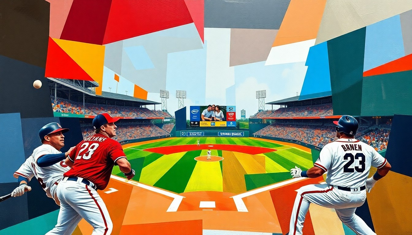 A dynamic, abstract painting featuring overlapping geometric shapes and planes in the colors of the Braves and Diamondbacks uniforms, conveying the energy and movement of a high-scoring baseball game.