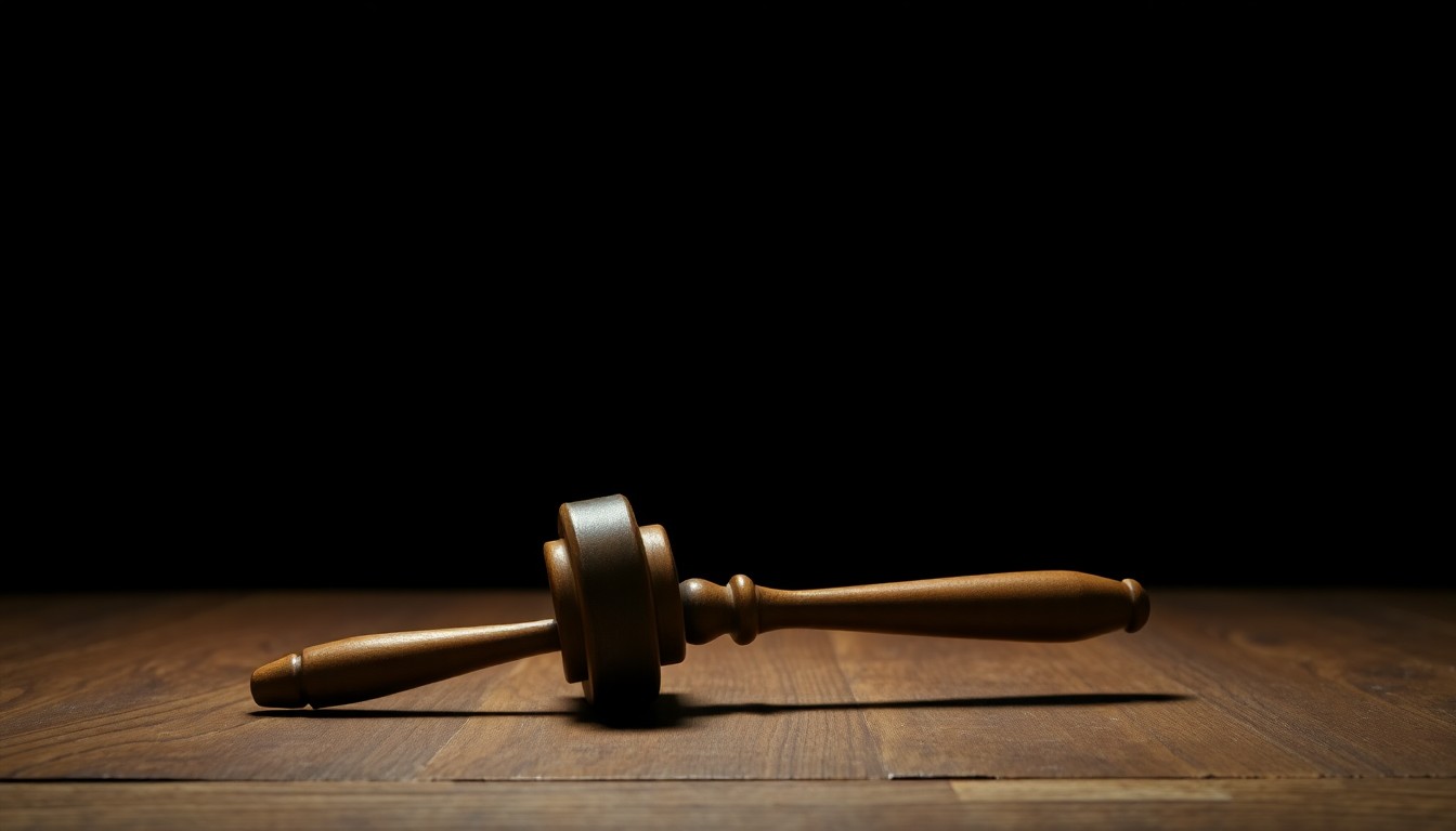 An extreme close-up photograph of a gavel on a wooden table, the harsh flash creating dramatic shadows and textures that convey a sense of judicial scrutiny and legal proceedings.