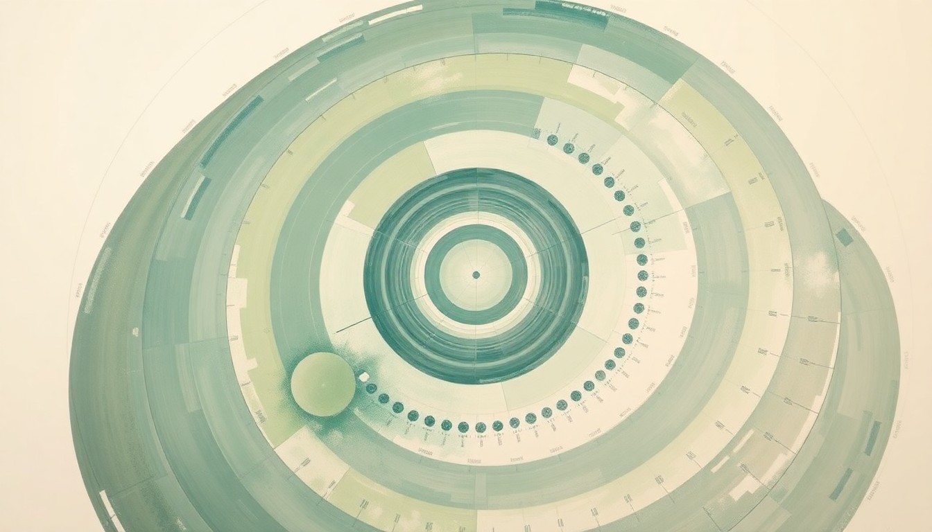 A highly structured abstract painting featuring sweeping geometric arcs, concentric planetary circles, and precise botanical spirals in soft, earthy tones of green, blue, and gray, conceptually representing the complex technological innovations driving Pittsburgh's emergence as a center for space exploration.