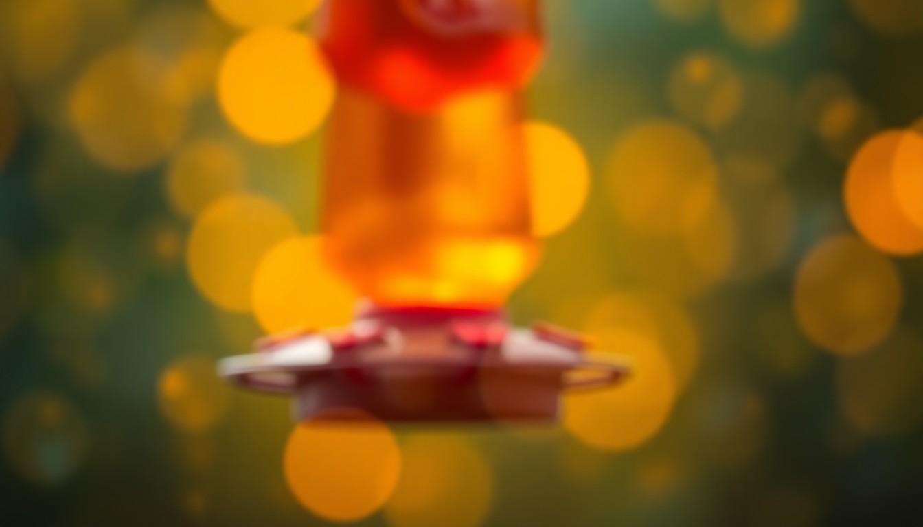 An extremely abstracted, out-of-focus photograph of a blurred hummingbird feeder in soft, warm pools of yellow, orange, and pink light, conceptually representing the peaceful experience of backyard birdwatching.