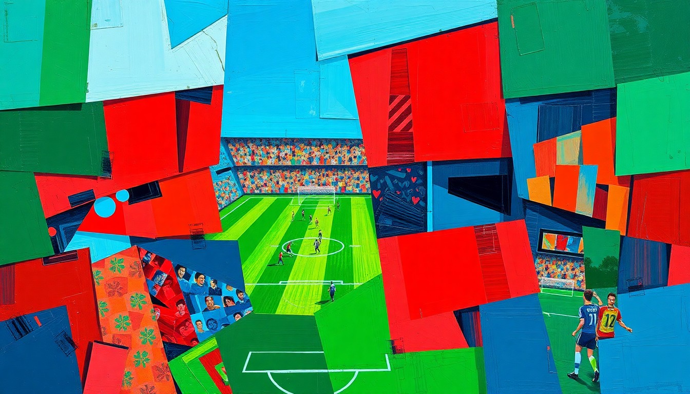 A cubist-style painting featuring fragmented, geometric shapes in shades of red, blue, and green, representing the complex dynamics of a soccer match.