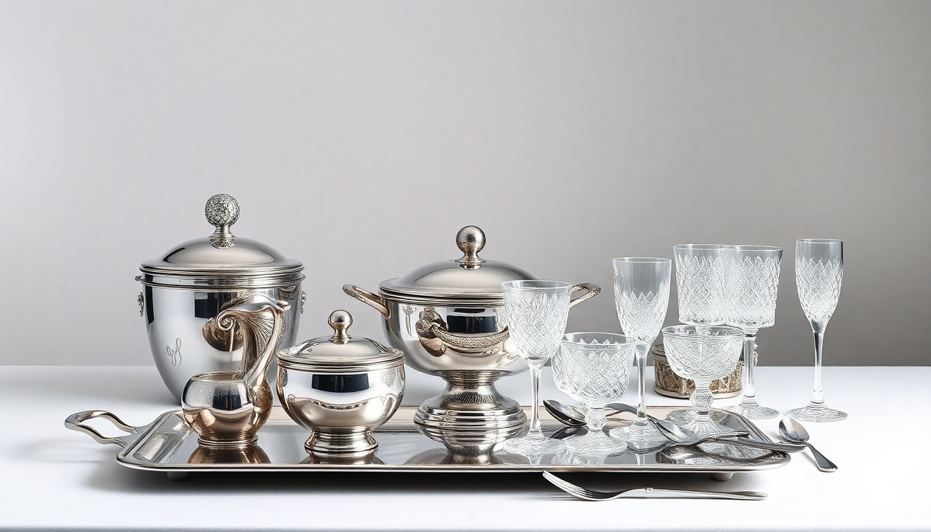 A high-end, photorealistic studio still-life photograph featuring a carefully arranged display of elegant catering equipment and serving pieces, such as silver trays, crystal glassware, and polished flatware, set against a clean, monochromatic background and dramatically lit to highlight their premium materials and craftsmanship.