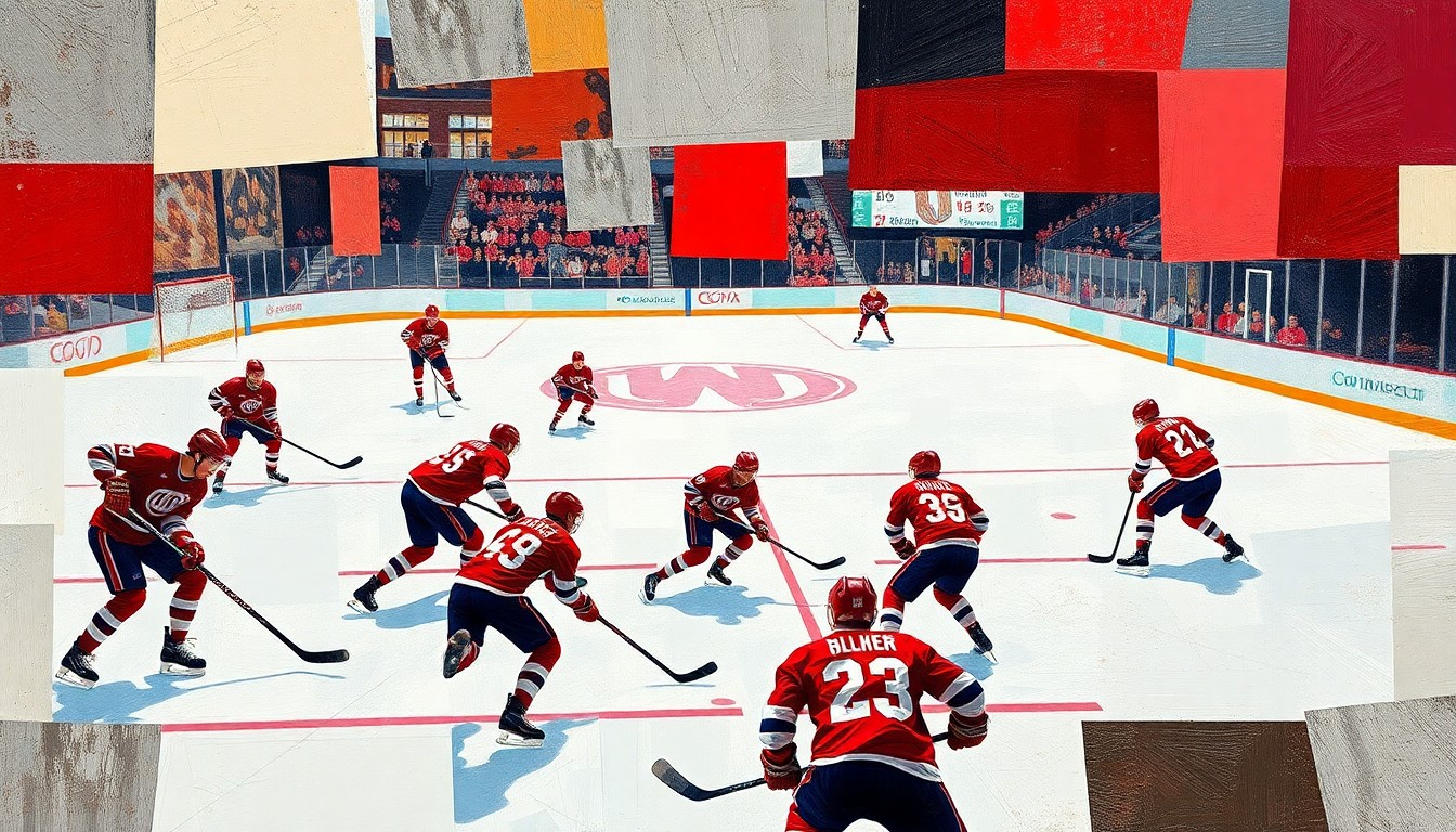 A cubist, geometric painting depicting the chaotic action of a college hockey game, with players' bodies and equipment fragmented into overlapping planes of bright red and white.