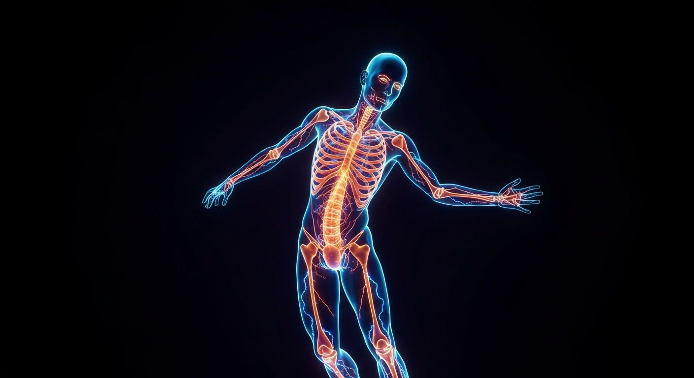 A glowing, neon outline of a human body in a dynamic, energetic pose, with pulsing lines of light representing the body's bioelectric systems and cellular activity, conceptually illustrating the innovative, holistic approaches to health and longevity featured in the Biohacking Index report.