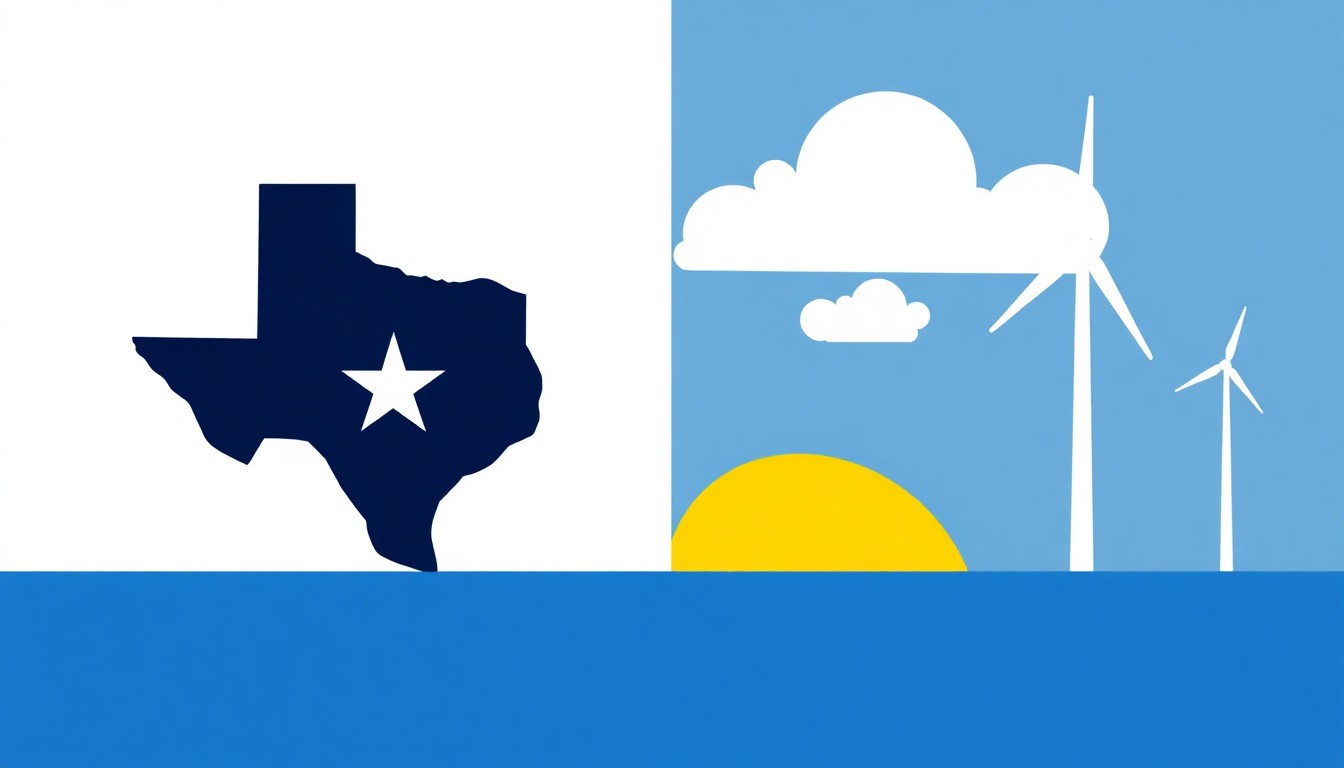 A minimalist abstract illustration featuring bold geometric shapes in primary colors, representing the conflict between Texas' onshore wind energy leadership and its political opposition to offshore wind development.