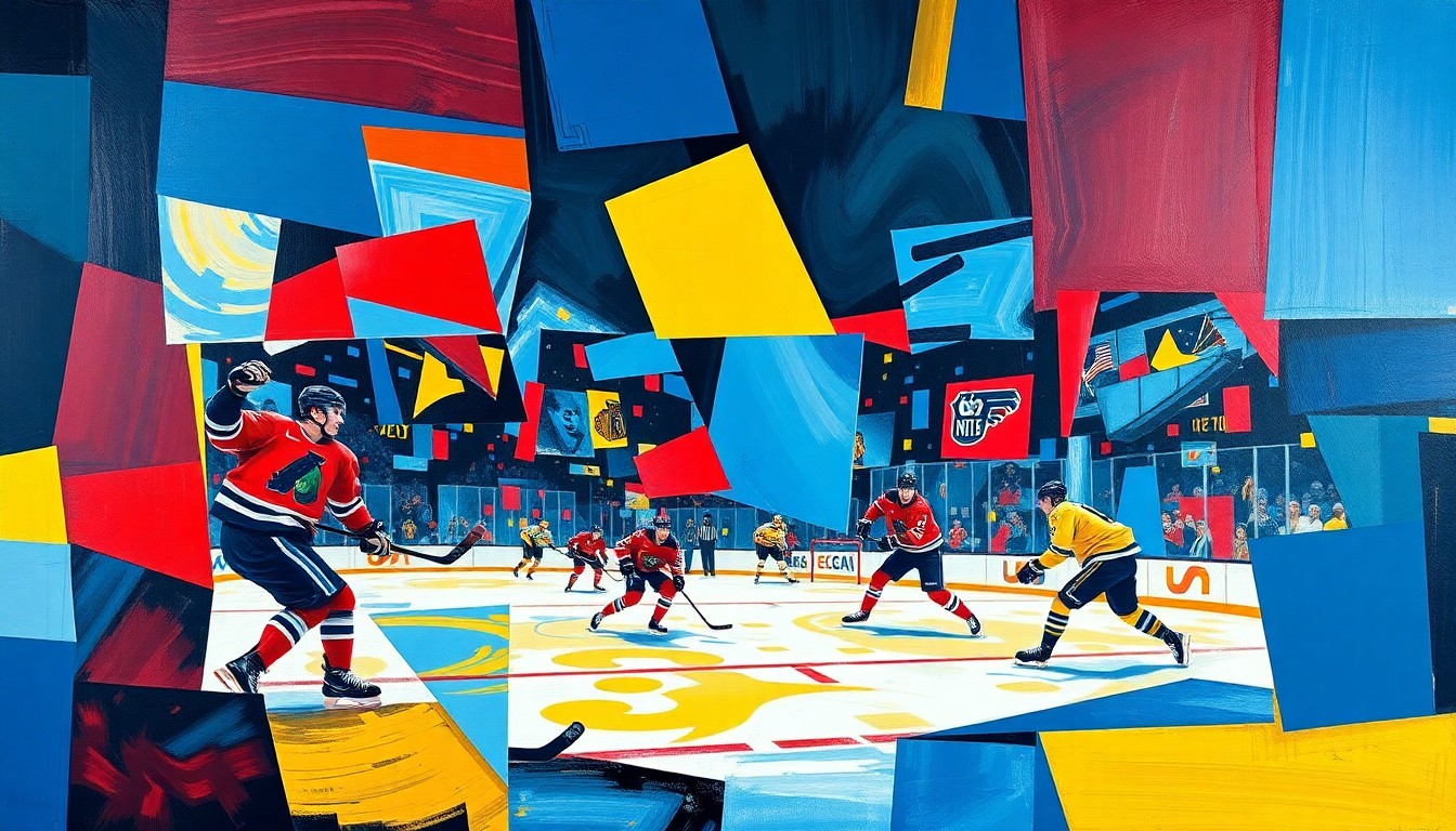 A cubist, geometric painting depicting an intense hockey game, with players and the puck fractured into overlapping angular shapes in a vibrant color palette of blues, reds, and yellows.