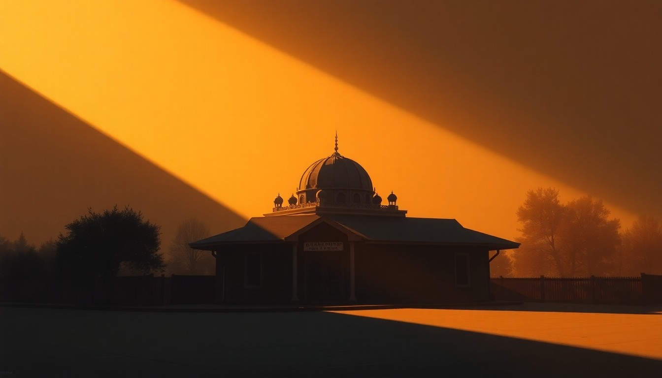 A serene, cinematic painting depicting the exterior of a mosque or Islamic community center, with the building bathed in warm, diagonal sunlight and deep shadows, conveying a sense of quiet contemplation and unease.