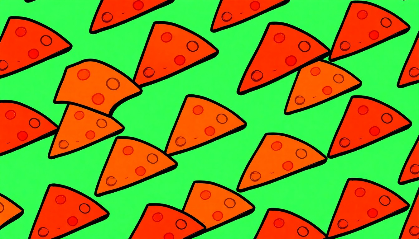 A highly stylized, pop art-inspired illustration of a single pizza slice repeated in a grid pattern, using bold, neon-like colors and heavy black outlines to capture the vibrant and iconic nature of the Hideaway Pizza brand.
