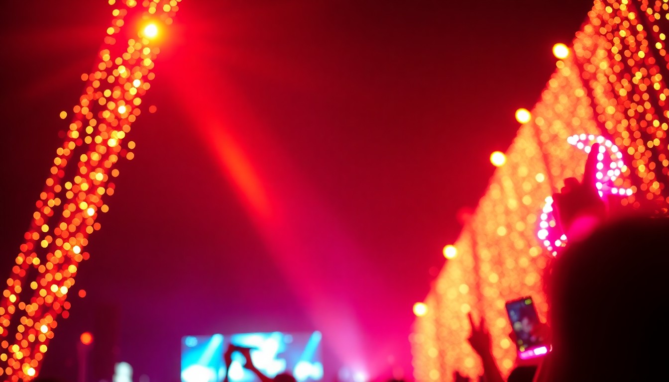 An abstract, high-contrast close-up photograph of shimmering festival lights and textures, conveying the vibrant energy and glamour of Coachella's musical performances.