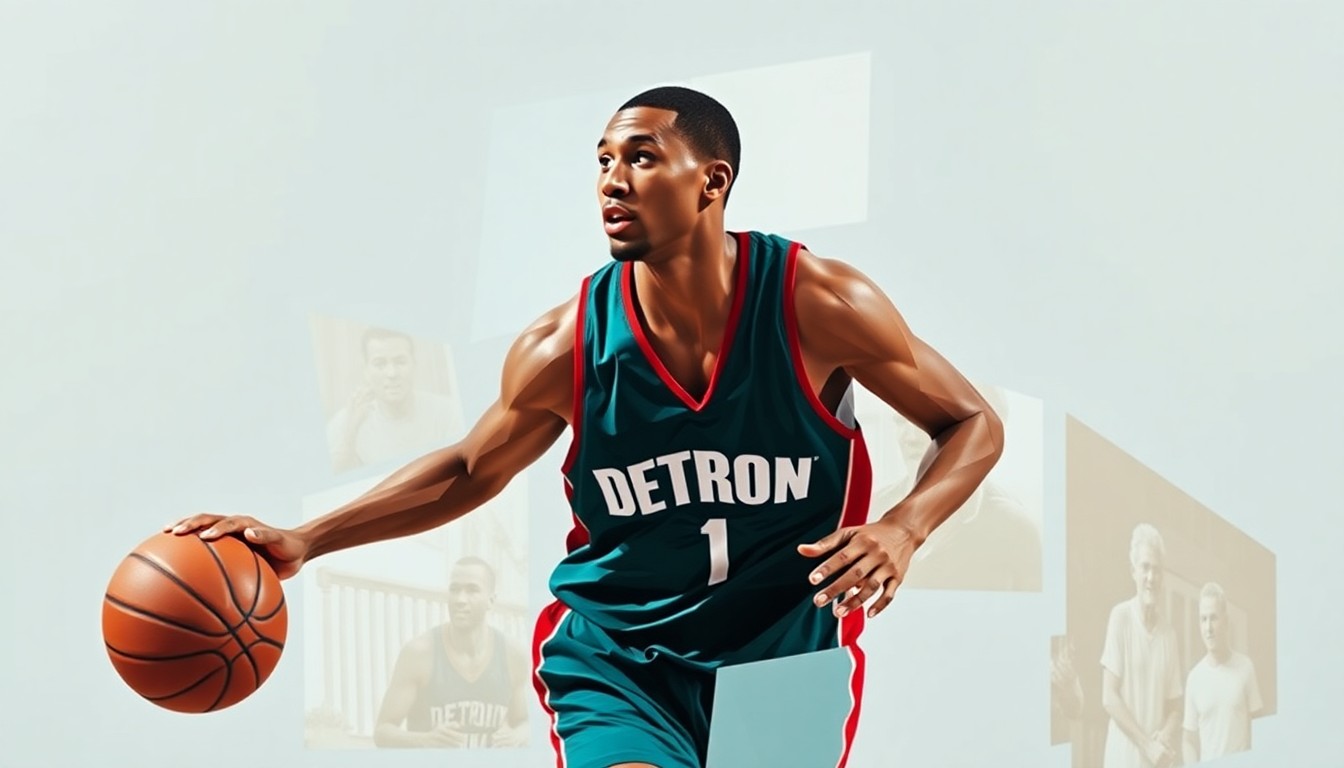 A cubist-style painting depicting a basketball player in motion, broken down into sharp, overlapping geometric shapes in the Pistons' team colors of teal and red, conceptually representing the void left by Cade Cunningham's injury.