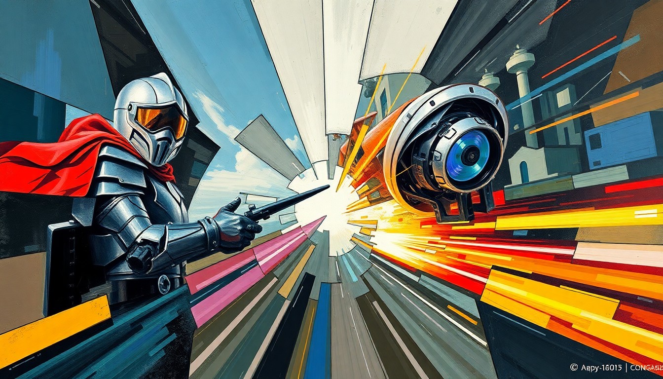 A fragmented, geometric painting depicting the confrontation between LA Knight and IShowSpeed, with sharp, overlapping shapes and planes representing the physical interaction between the two.